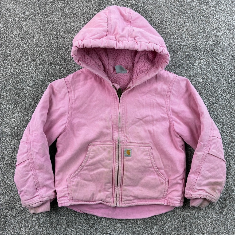 Carhartt Canvas Jacket Toddler Girl XXS Light Pink Hooded Sherpa Lined Full Zip